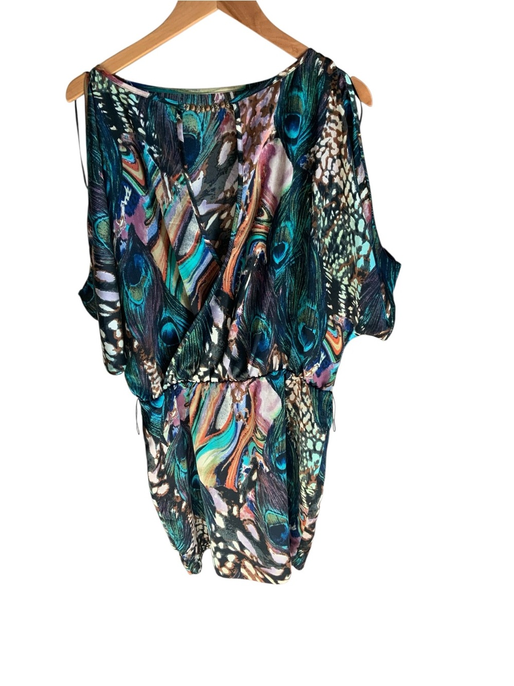 Cache Peacock-Print Cold Shoulder Tunic - Teal Multi XS